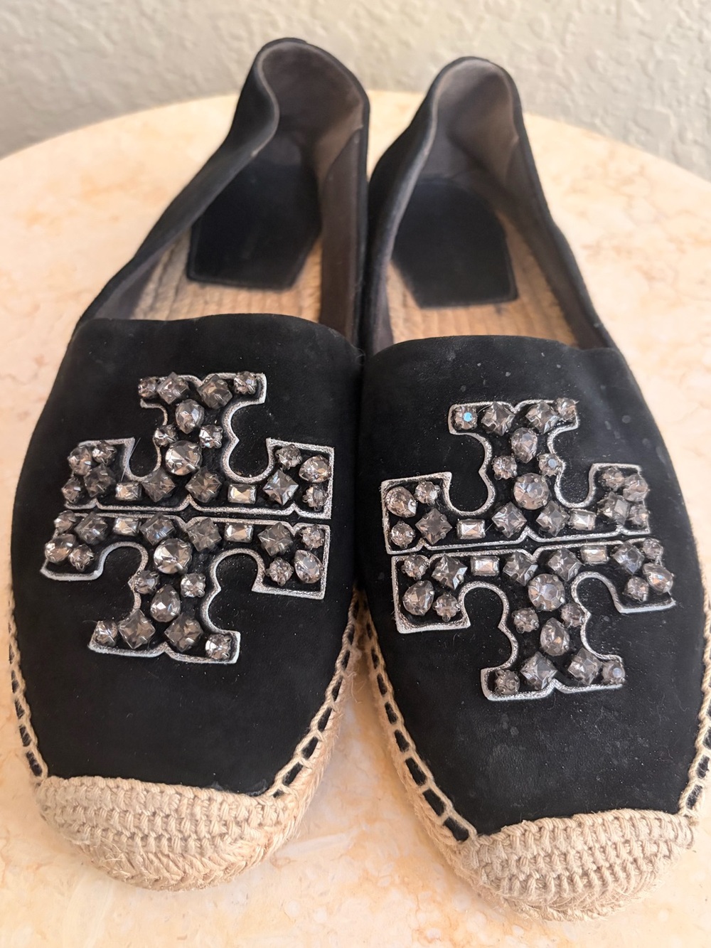 Tory Burch Black Suede Espadrille Flats with Crystal Logo